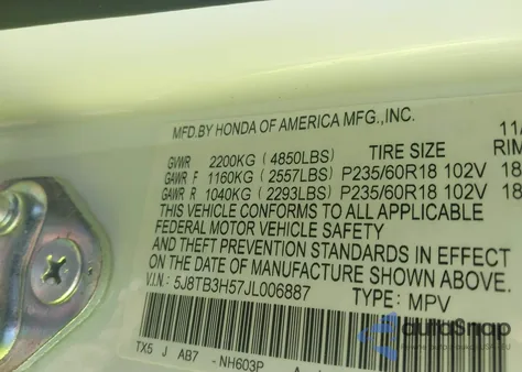 2018 Acura Rdx Technology Acurawatch Plus Packages/Technology Package from USA, damaged, VIN 5J8TB3H57JL006887